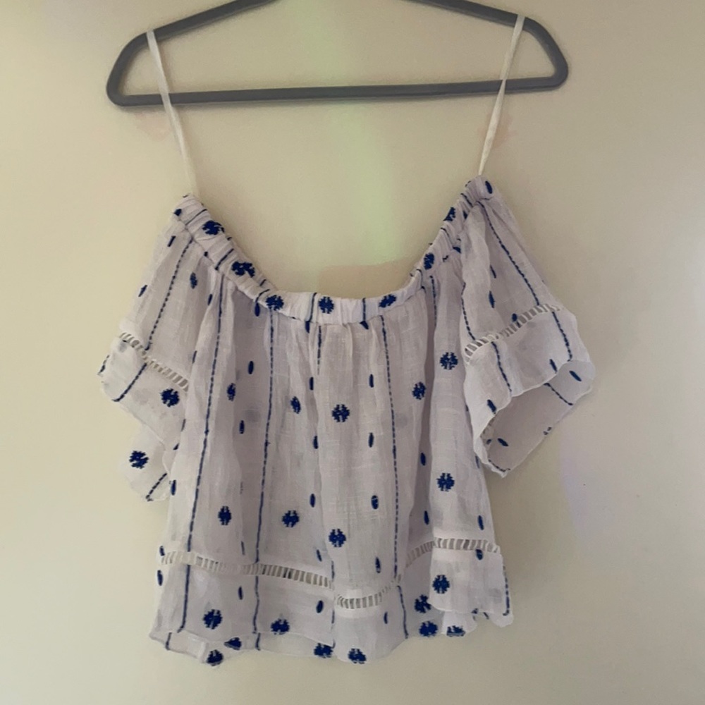 ‘REBELLION’ OFF THE SHOULDER CROP TOP WHITE W/ NAVY BLUE EMBROIDERED